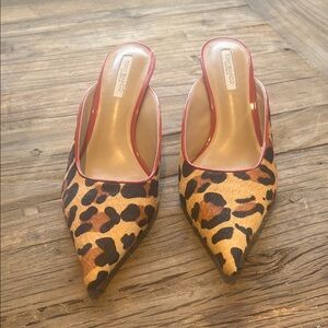 Tony Bianco Leopard Pointed Mule in Tan and Black with Red Trim